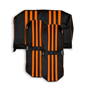 LOT GARNITURES (2 SIÈGES AV SYM + BANQ AR) SKAÏ NOIR RAYÉ ORANGE