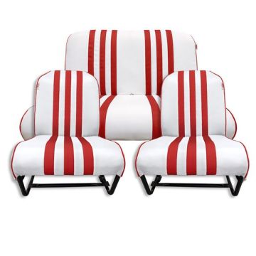 LOT (2 SIÈGES AVANT SYMÉTRIQUE COMPLETS + BANQUETTE ARRIERE COMPLÈTE) SKAÏ LISSE BLANC RAYÉ ROUGE