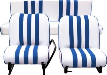 Lot garnitures (2 sièges AV + Banq AR) Skaï Blanc rayé Bleu Mehari