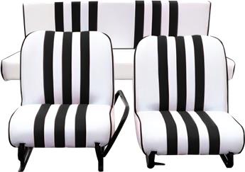 Lot garnitures (2 sièges AV + Banq AR) Skaï Blanc rayé Noir Mehari