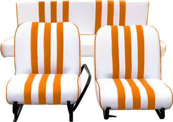 Lot garnitures (2 sièges AV + Banq AR) Skaï Blanc rayé Orange Mehari