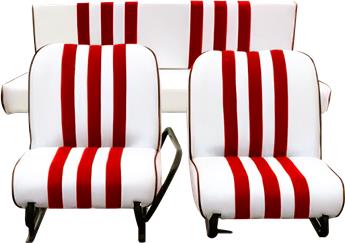 Lot garnitures (2 sièges AV + Banq AR) Skaï Blanc rayé Rouge Mehari