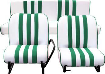 Lot garnitures (2 sièges AV + Banq AR) Skaï Blanc rayé Vert Mehari
