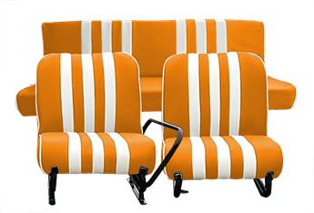 Lot garnitures (2 sièges AV + Banq AR) Skaï Orange rayé Blanc Mehari