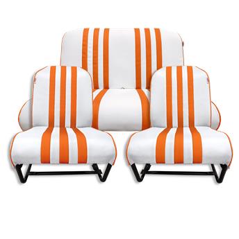 Lot (2 sièges AVANT Symétrique complets + Banquette ARRIERE complète) Skaï Lisse Blanc Rayé Orange