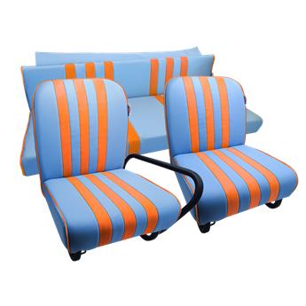 Lot garnitures (2 sièges AV + Banq AR) Skaï Bleu Eski rayé Orange pour Mehari