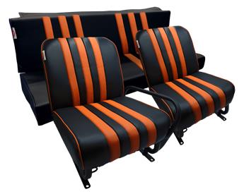Lot garnitures (2 sièges AV + Banq AR) Skaï Noir rayé orange pour Mehari